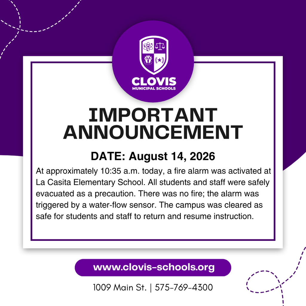 Purple and white poster with "Clovis Municipal Schools" logo. Text reads "IMPORTANT ANNOUNCEMENT" and "DATE: August 14, 2026."