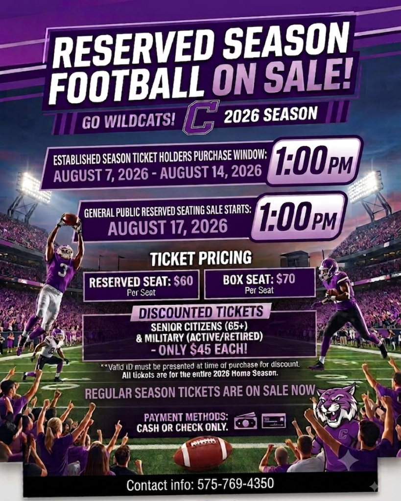 Purple and white flyer with football players in action, ticket sale information, and contact number.