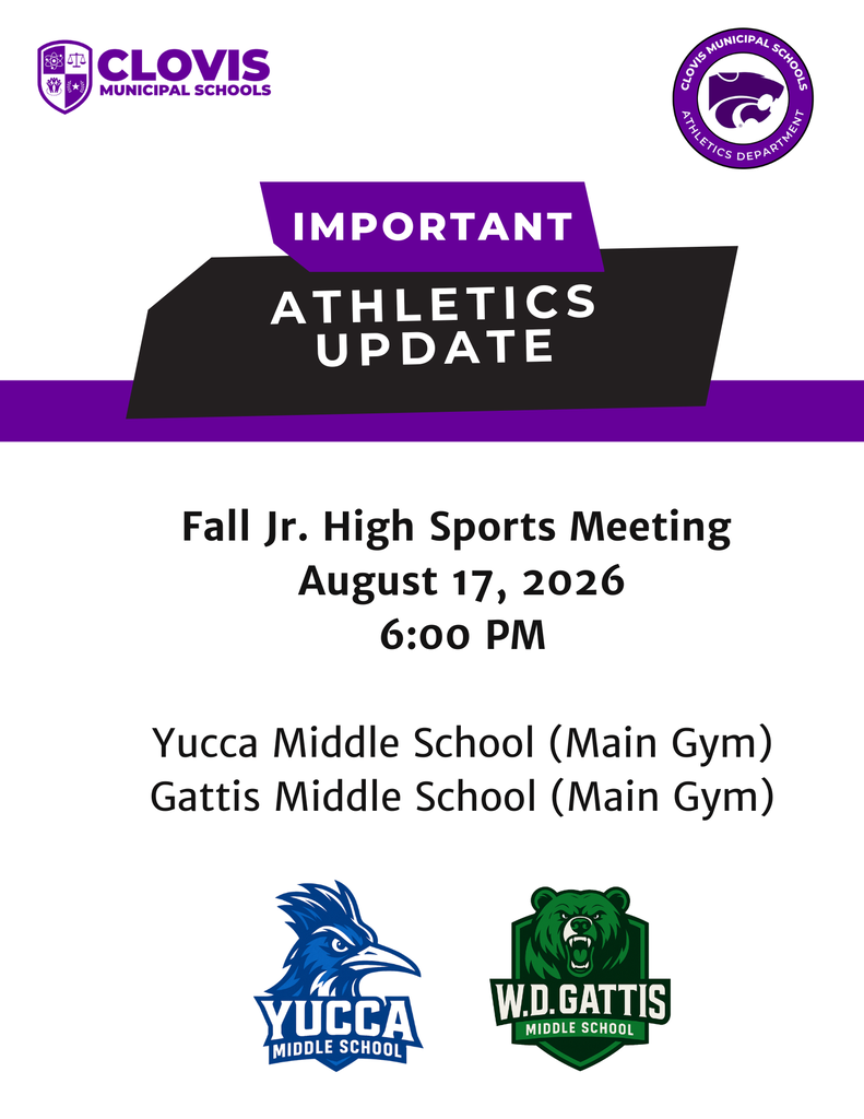 A flyer with purple and white background states "Important Athletics Update" for a Fall Jr. High Sports Meeting on August 17, 2026, at 6 PM.