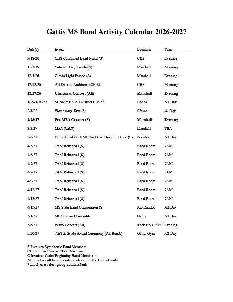 A table listing events for the Gattis MS Band Activity Calendar 2026-2027. Includes dates, events, locations, and times.