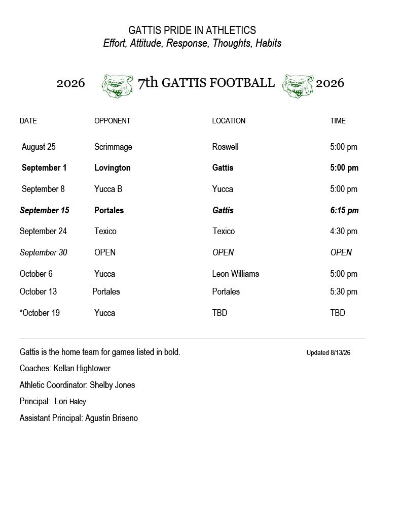7th grade Gattis Football Schedule