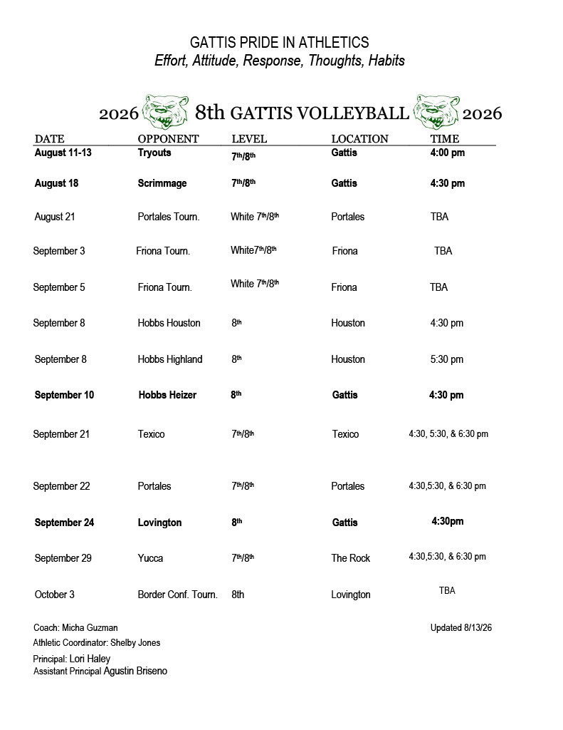 Document shows schedule for 2026 8th Gattis volleyball season. Dates, opponents, locations, and times are listed.