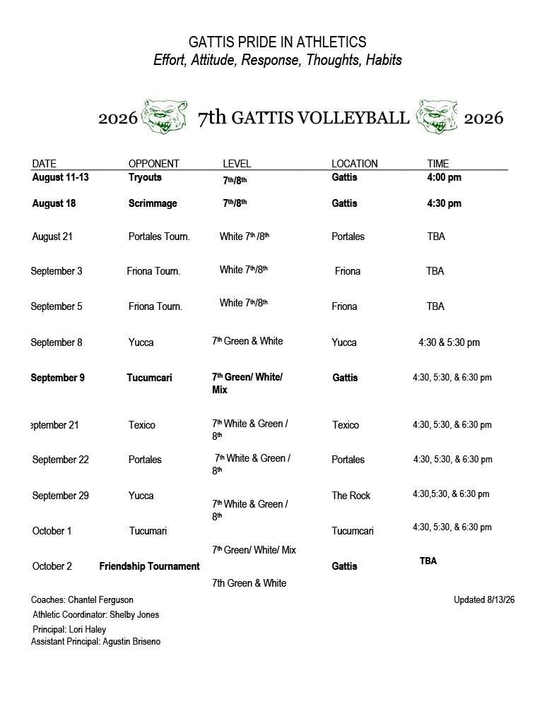 A schedule for the 2026 Gattis Pride Volleyball Team displays dates, opponents, levels, locations, and times.