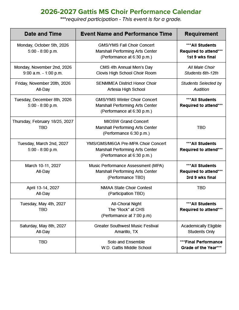Gattis Choir Schedule