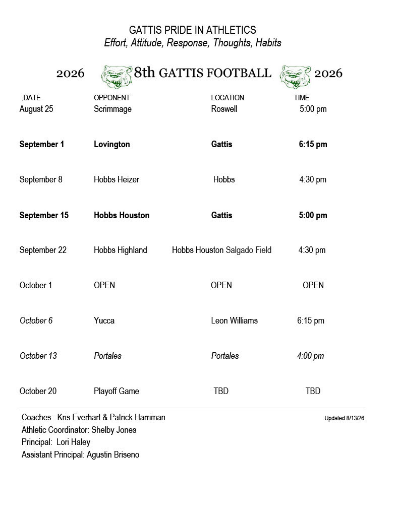 A white-backgrounded document displays a sports schedule for the year 2026, featuring the 8th Gattis Football schedule.
