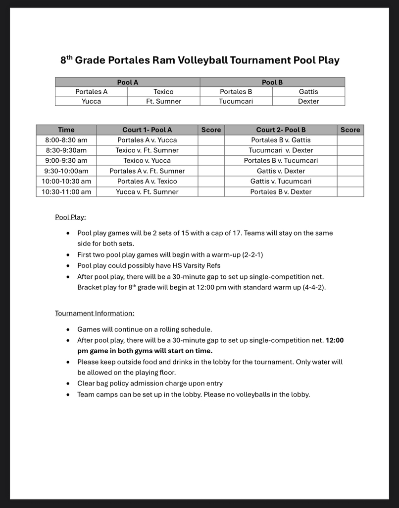 A document titled "8th Grade Portales Ram Volleyball Tournament Pool Play" lists teams, match times, and locations.