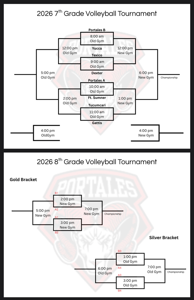 Two brackets show match times and locations for two volleyball tournaments for the 7th and 8th grades.