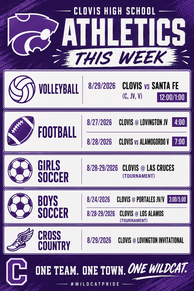 A purple background displays a sports schedule for Clovis High School. Volleyball, football, girls soccer, boys soccer, and cross country events are listed with dates and times.