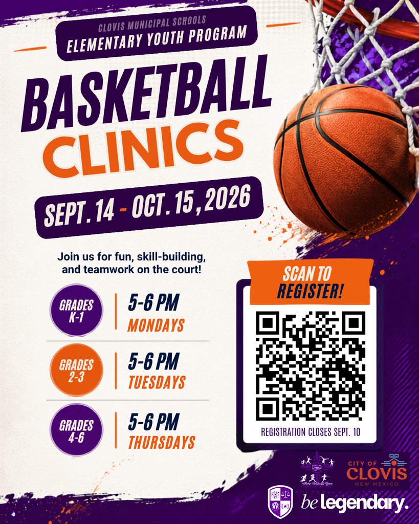 An advertisement for basketball clinics with dates Sept. 14-Oct. 15, 2026. Times, grades, and QR code are provided.