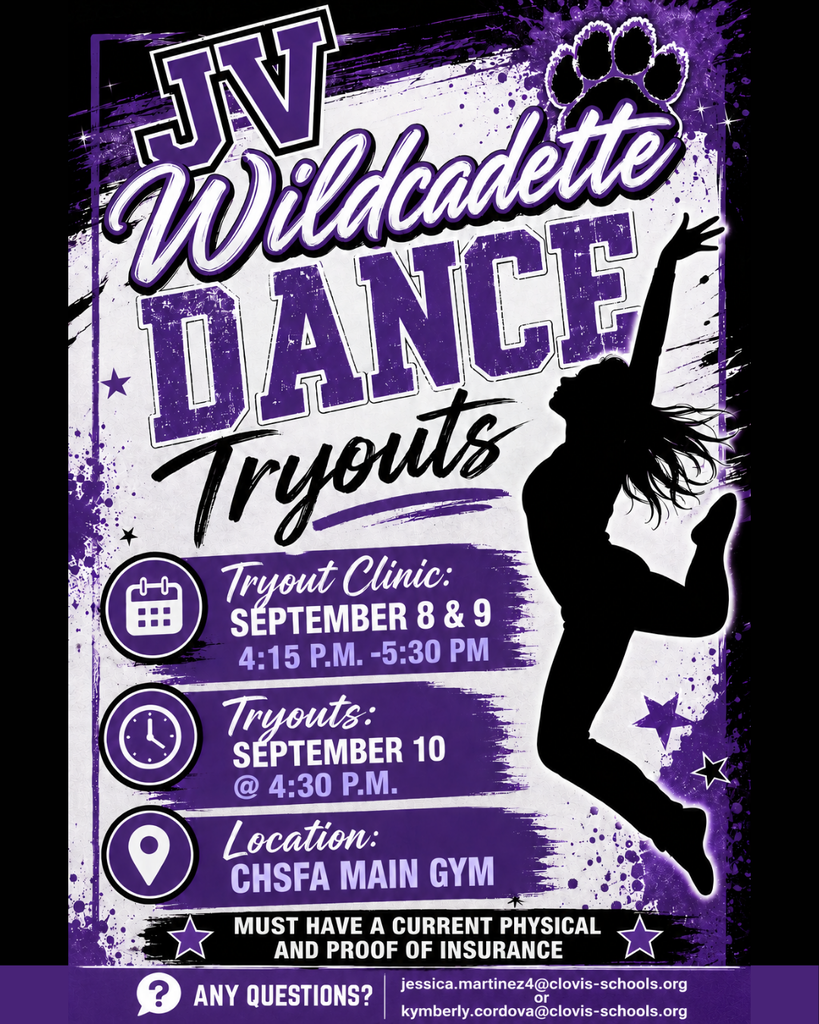 Purple background with white text. "JV Wildcat Dance Tryouts" at top. Details include clinic and tryout dates, times, location, and insurance requirement.