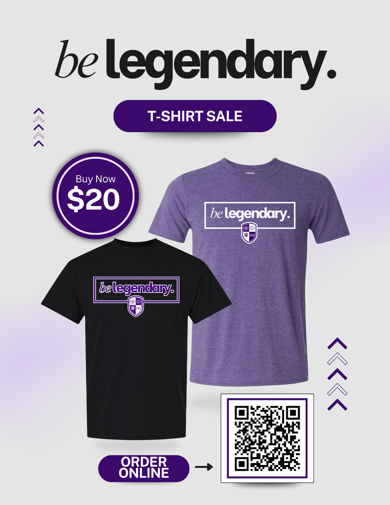 Advertisement shows two T-shirts, one black and one purple, with a logo and text "be legendary". A QR code for ordering online is visible.