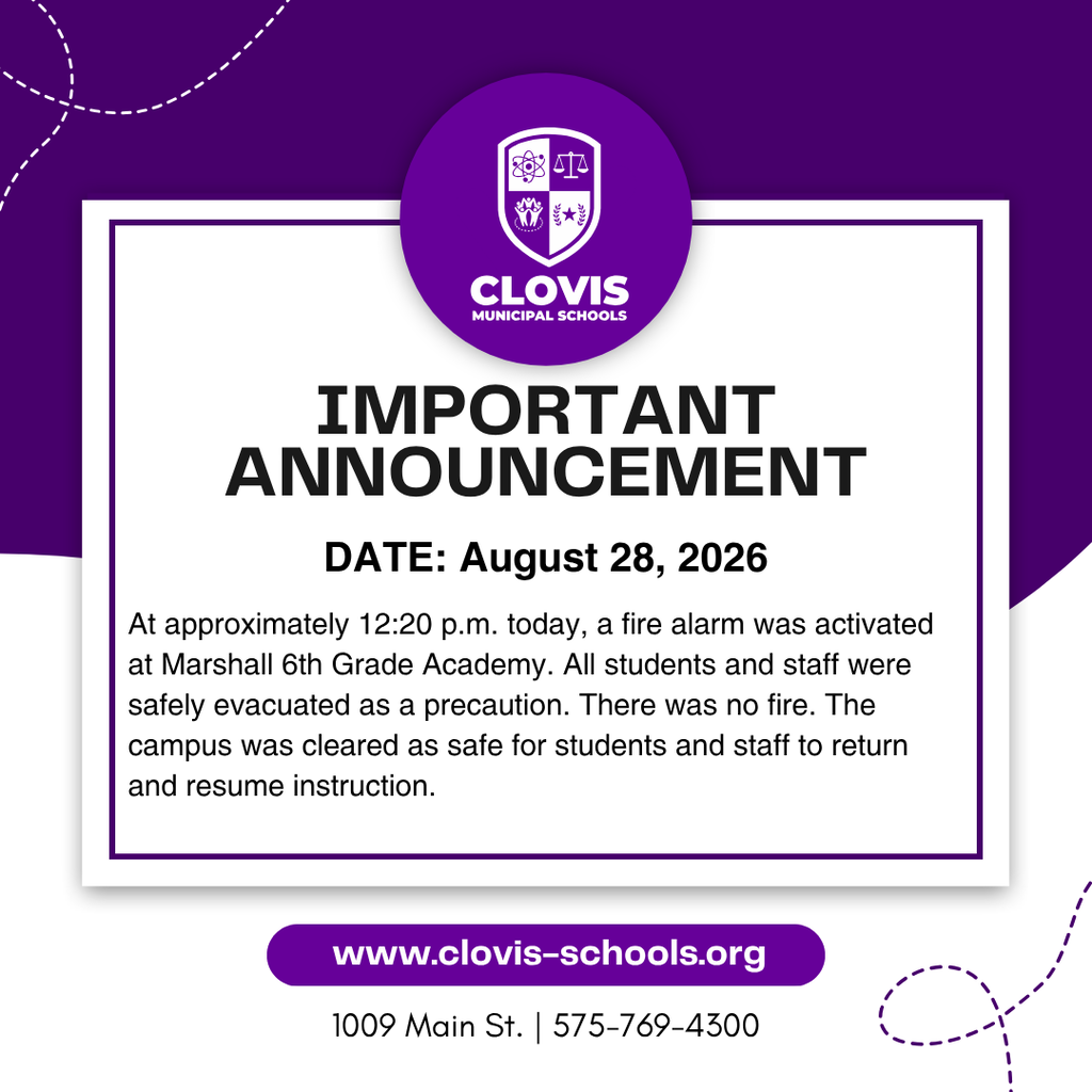Purple and white flyer with white border. "CLOVIS" logo and title "IMPORTANT ANNOUNCEMENT" appear. Date reads August 28, 2026.