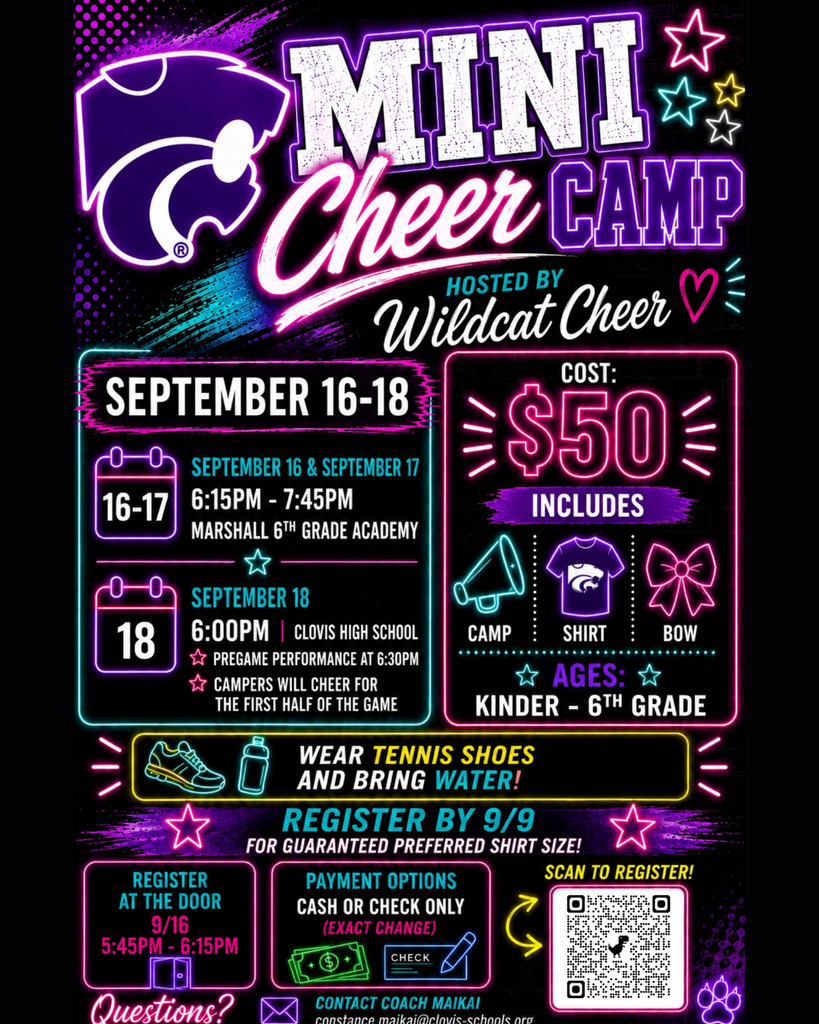 A poster advertises a Mini Cheer Camp hosted by Wildcat Cheer. It runs from September 16-18. Cost is $50. Includes shirt, bow, camp, and performance. Age range: kinder-6th grade. Wear tennis shoes and bring water.