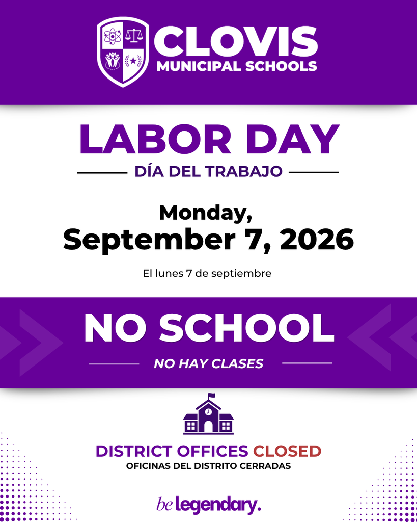 A purple and white flyer from Clovis Municipal Schools. Text reads: "Labor Day" in both English and Spanish. Date is September 7, 2026.