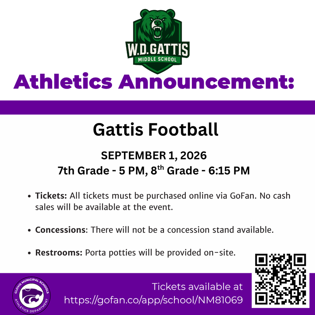 An announcement for Gattis Football with a date of September 1, 2026, and a school logo.