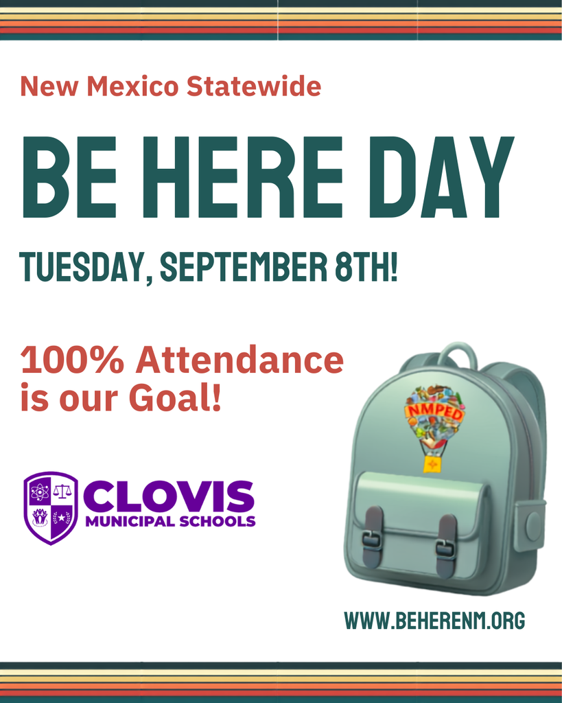 A poster with green and white text announces "BE HERE DAY" for Tuesday, September 8th. A backpack is shown with a hot air balloon emblem.