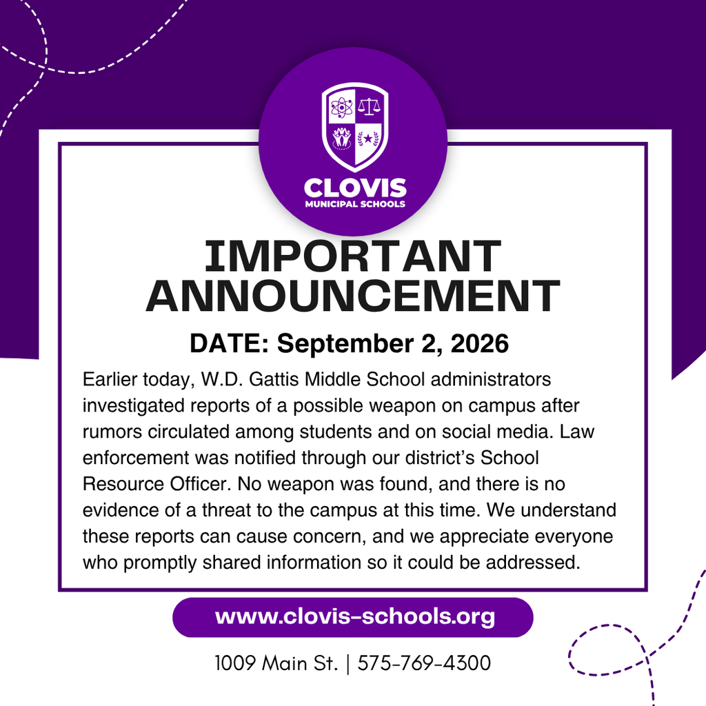 Purple and white poster with a logo. Text reads: "IMPORTANT ANNOUNCEMENT DATE: September 2, 2026." It states there is no threat to the school.