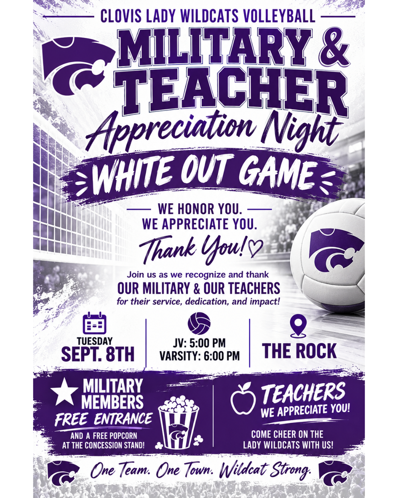 Event flyer for Clovis Lady Wildcats volleyball appreciation night on Sept. 8th. Details include military and teacher appreciation.