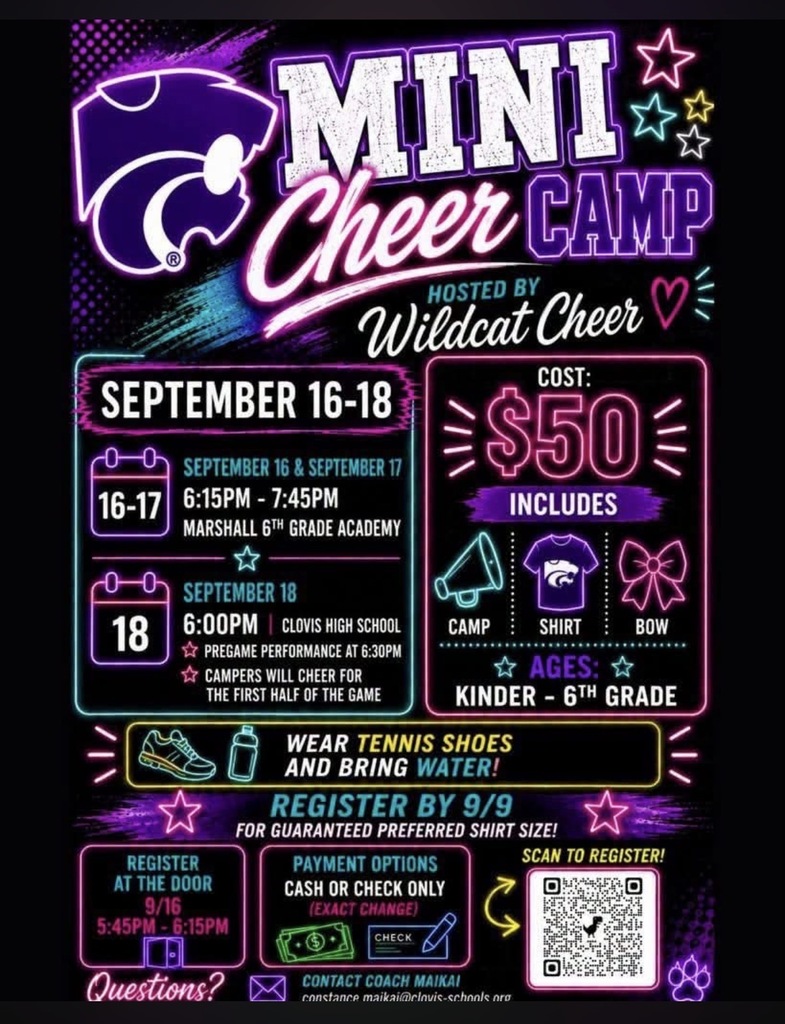 Poster with "Mini Cheer Camp" in large letters, a QR code, a date of September 16-18, cost of $50, and a black background.