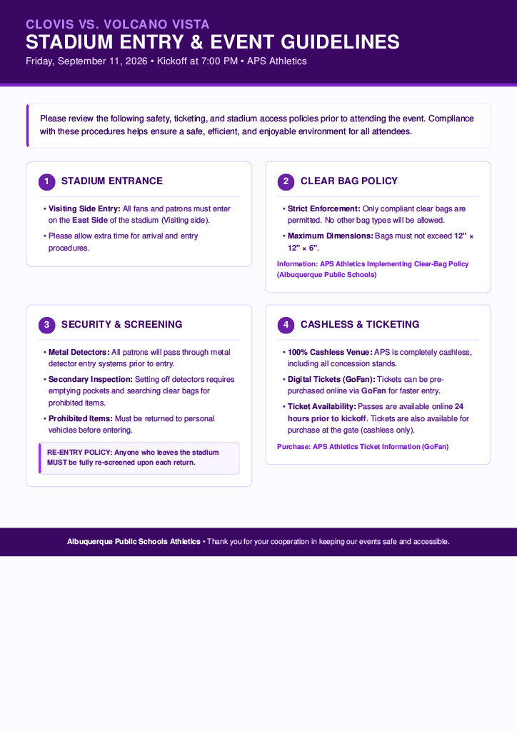 A page shows guidelines for a stadium event, with sections for entrance, clear bag policy, security and screening, and cashless and ticketing.