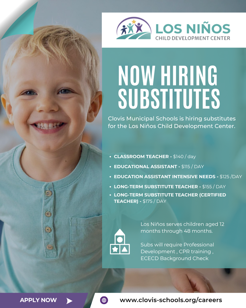 An advertisement for Clovis Municipal Schools hiring substitutes. A smiling child is pictured. Various positions and pay rates are listed.
