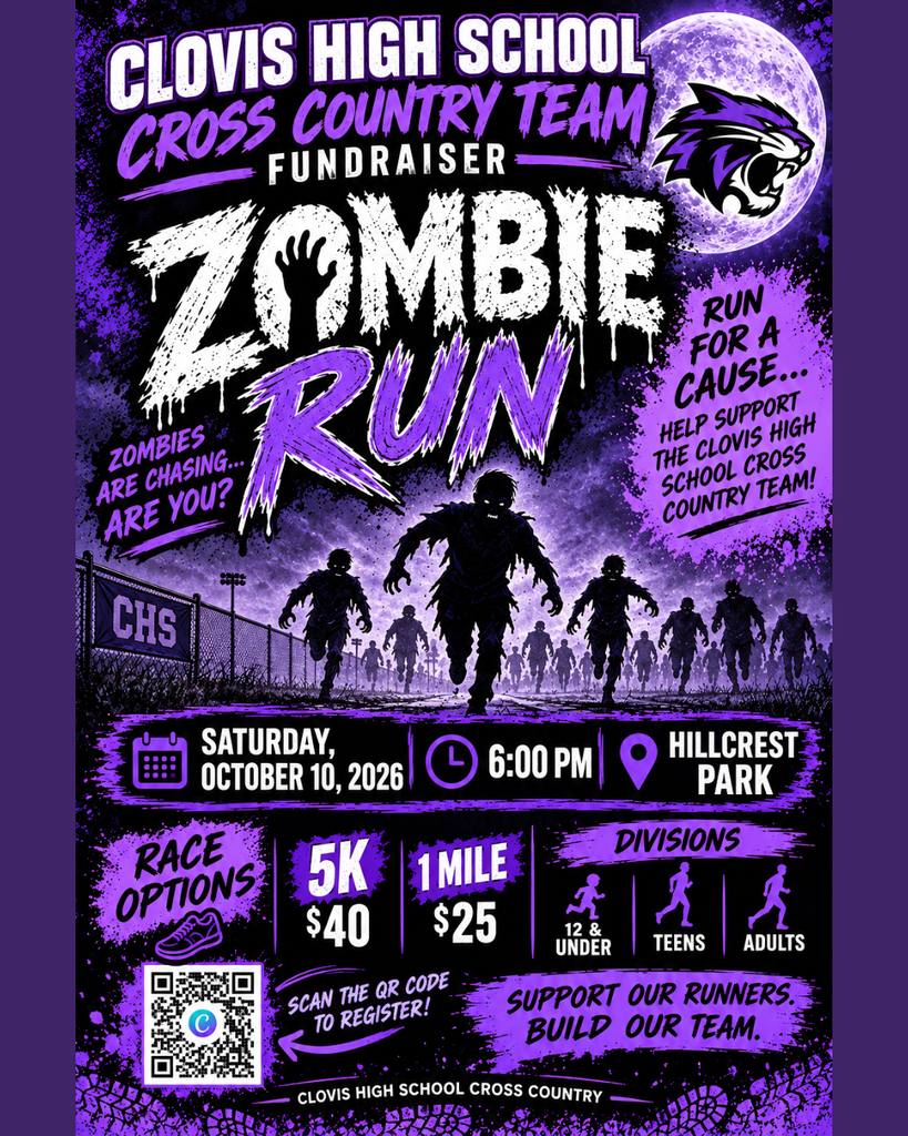 Flyer for Clovis High School Cross Country Team fundraiser. It includes a zombie theme, a race, and details for registration.