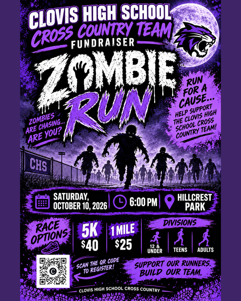 Purple poster with "Zombie Run" text, a school mascot, zombie illustrations, and details about a fundraiser for Clovis High School Cross Country Team.