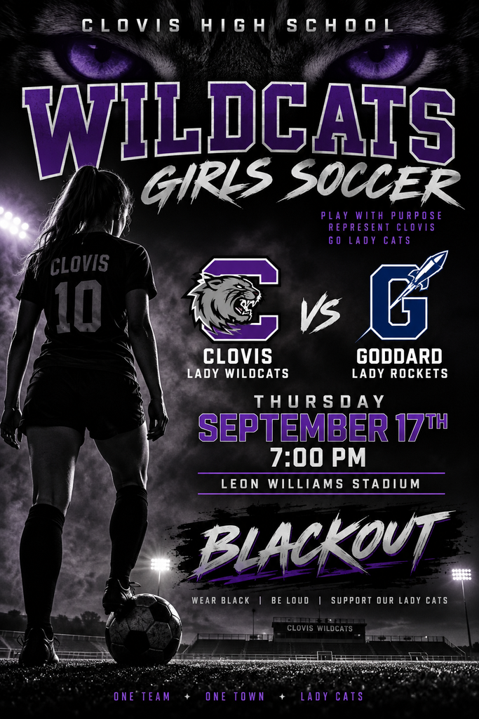 A poster for the Wildcats Girls Soccer team. A player stands with a soccer ball. Date, time, and venue for the match.