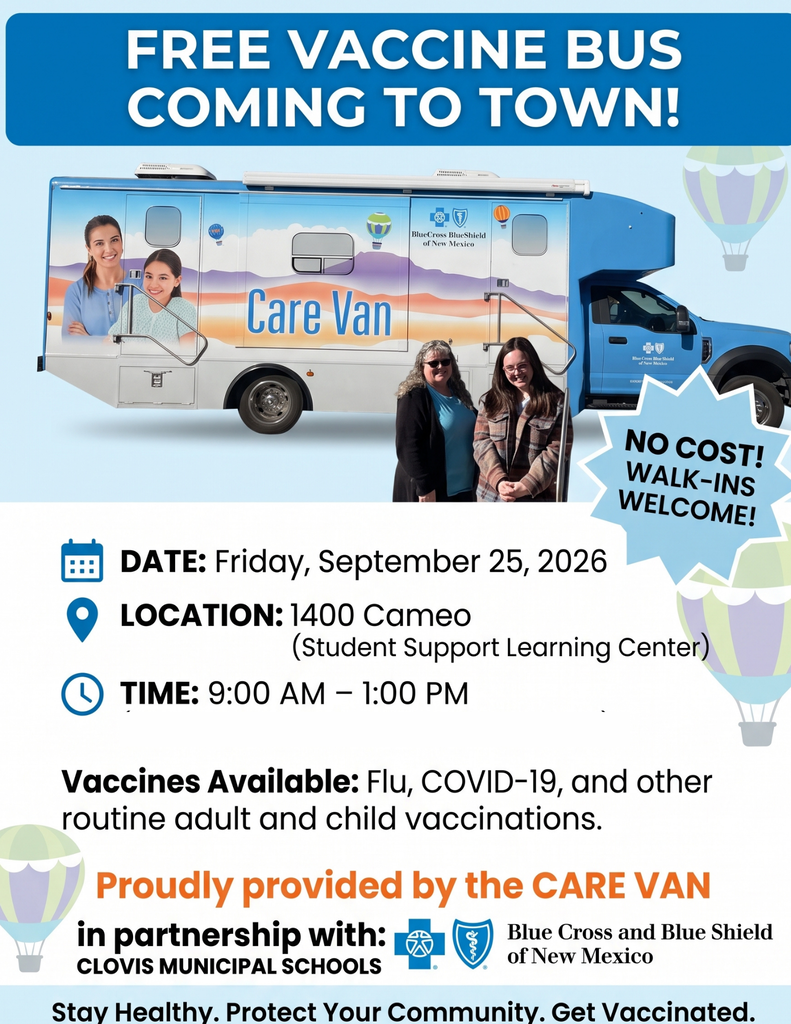An advertisement poster features a bus with "FREE VACCINE BUS COMING TO TOWN!" Three women stand beside the bus.