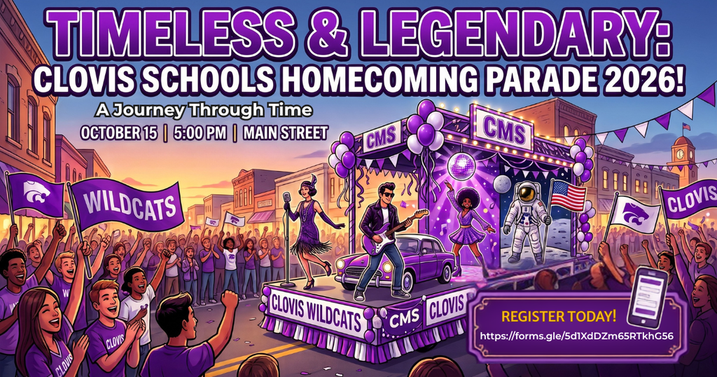 An animated poster for Clovis Schools Homecoming Parade 2026. A crowd cheers, a float has people on it.