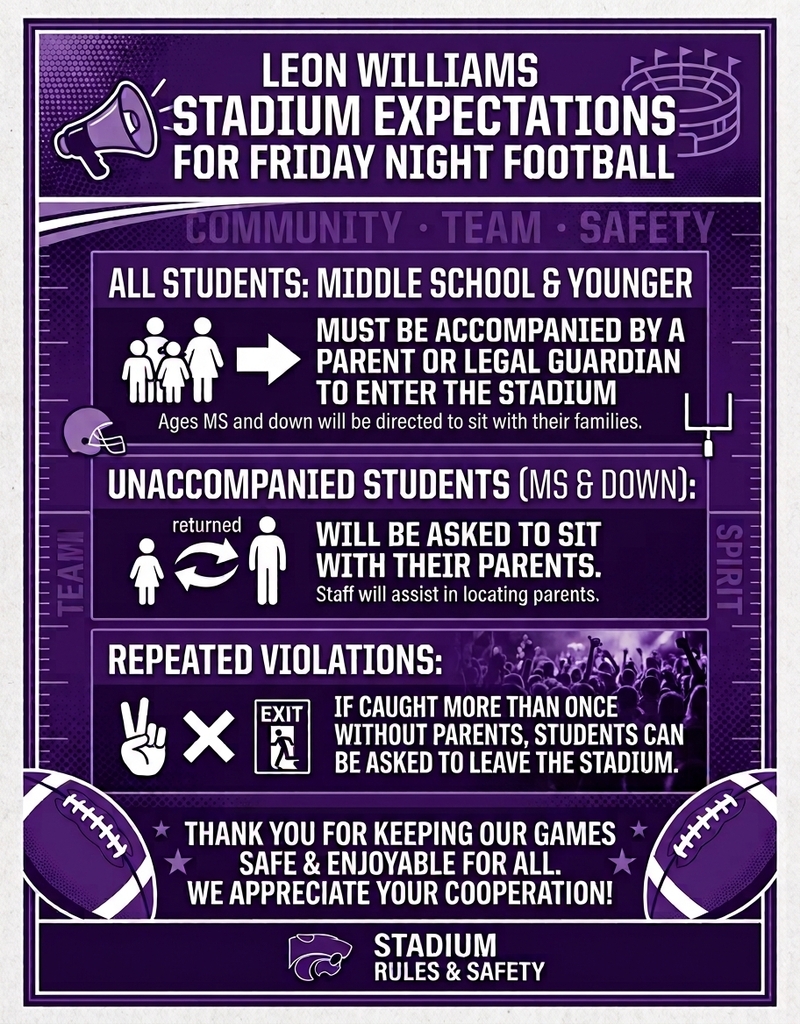 Poster displays rules for students at a Friday night football game. Accompanied by family or guardian required for entry. Violations result in parents being asked to leave.