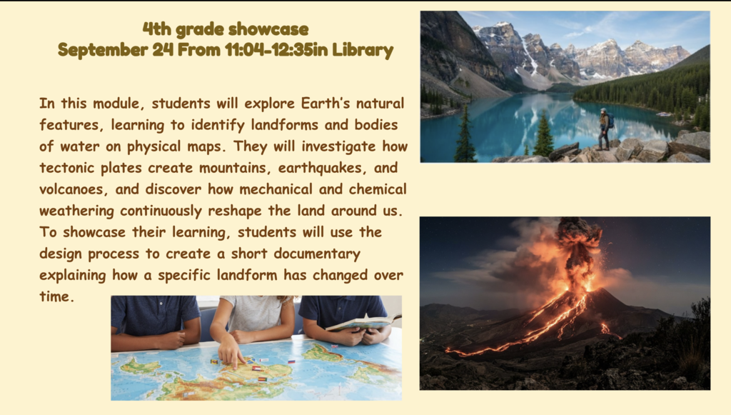 Students engage in a module exploring Earth's features and landforms using maps. Includes a mountain landscape and a volcano.