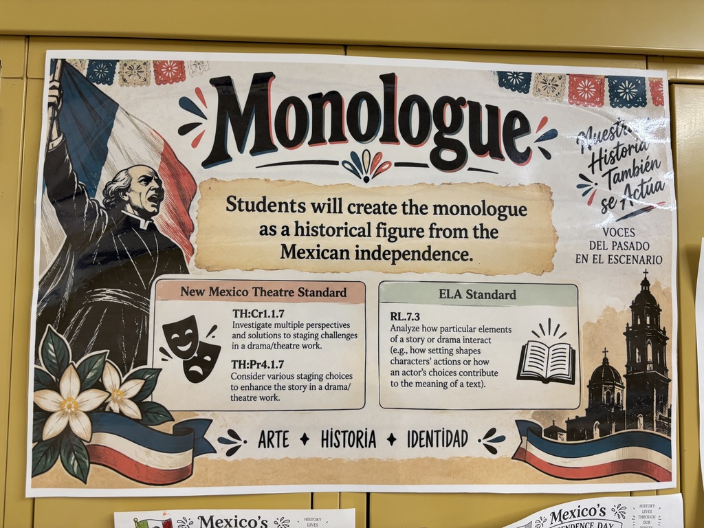 A bulletin board shows a poster titled "Monologue" featuring a man with a flag. Details include New Mexico Theatre Standard, ELA Standard, and various icons.