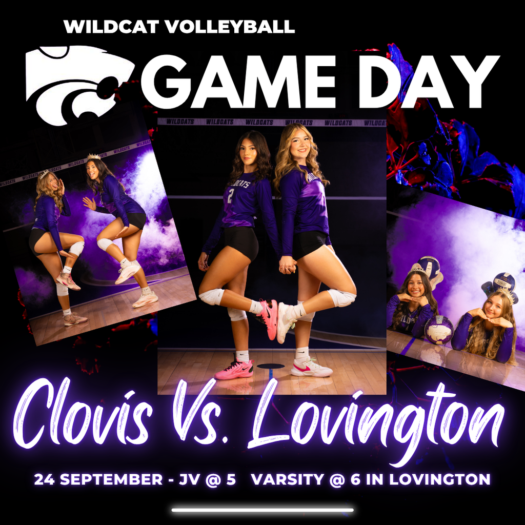 A collage of images shows volleyball players in action, set against a black background. Text reads "Clovis Vs. Lovington" and "24 September".