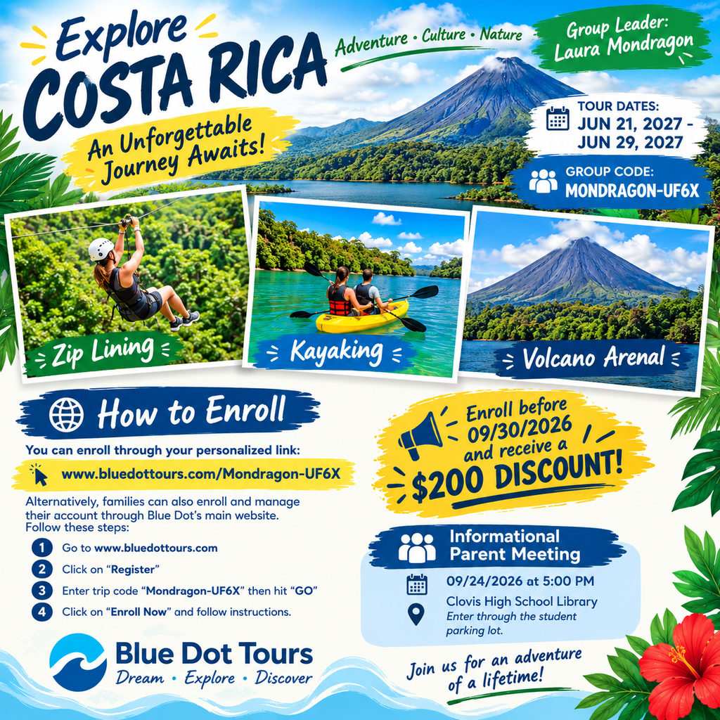 A poster displays an image of Costa Rica with mountains, zip lining, kayaking, and a volcano. Text includes the group code, enrollment details, and a discount offer.