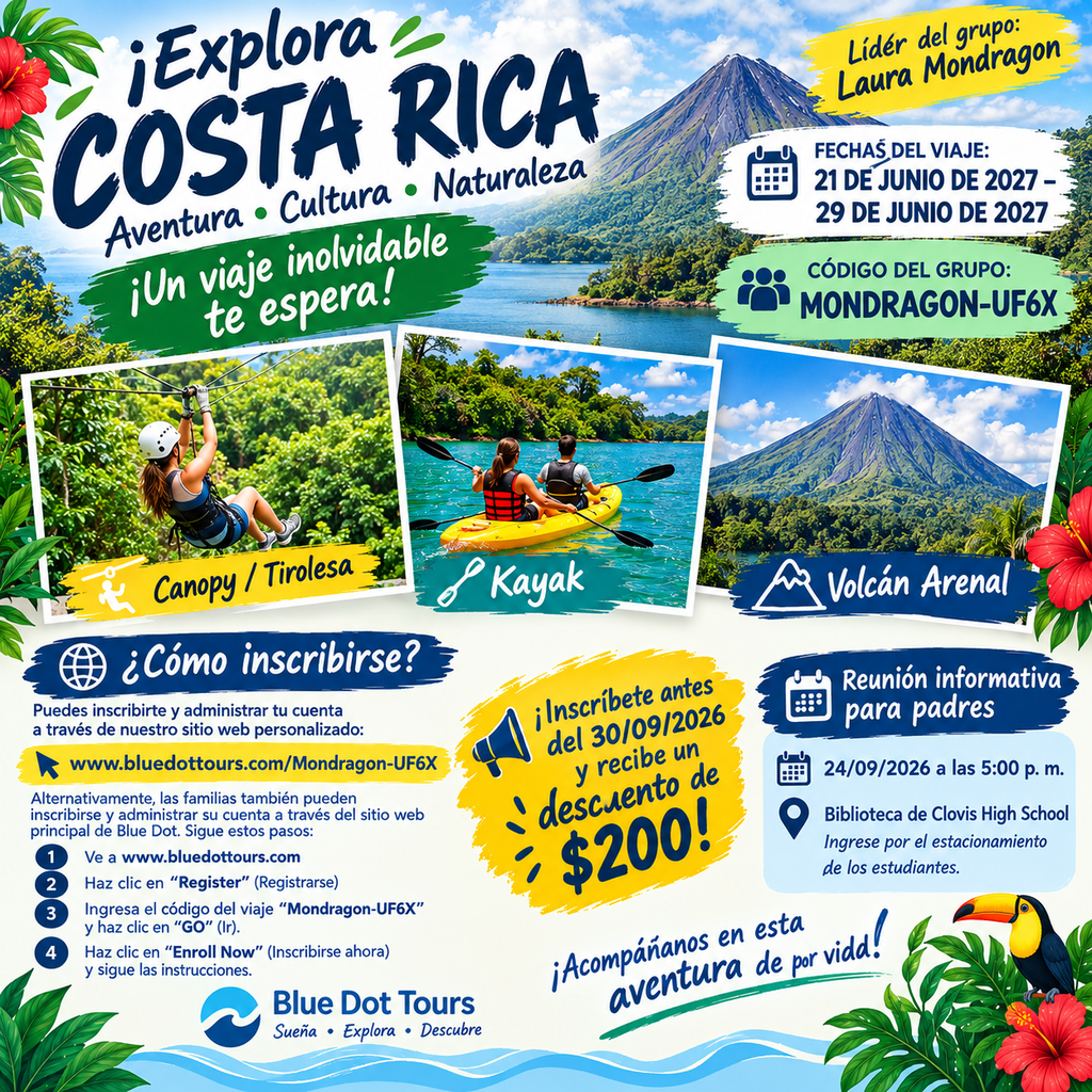 A flyer invites people to explore Costa Rica. It shows a canopy, kayak, and volcano. Dates and prices are listed.