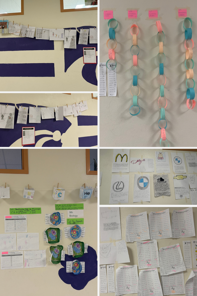 different pictures of student work from English, Science, Math, Business. Also a picture of the Kindness Chains students created