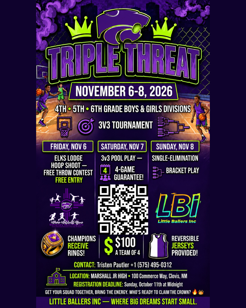 A poster for a basketball tournament. Dates are November 6-8, 2026. Includes free entry, 3v3 games, and prizes. QR code for contact.