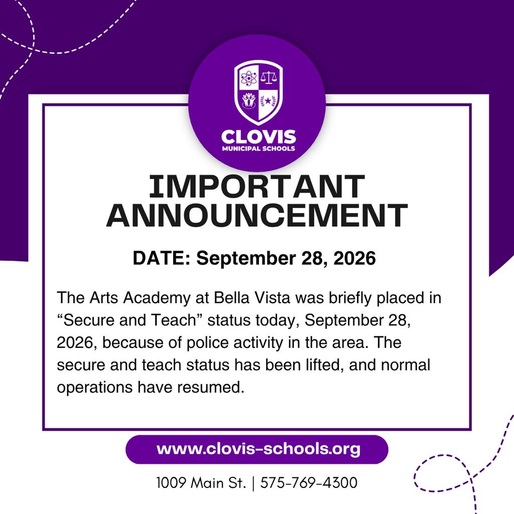 Purple and white poster with "Clovis" logo, "Important Announcement" in bold. Date: September 28, 2026. Details about The Arts Academy at Bella Vista.