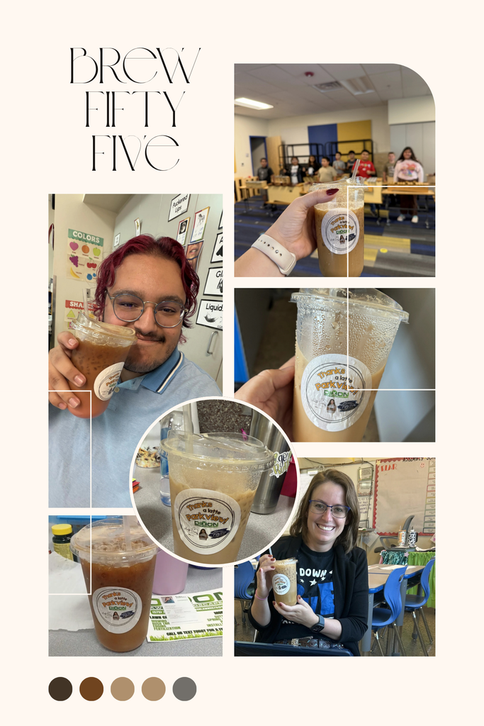 Collage of multiple photos showing people holding drinks in cups. Text reads "BREW FIFTY FIVE". Background includes tables and chairs.