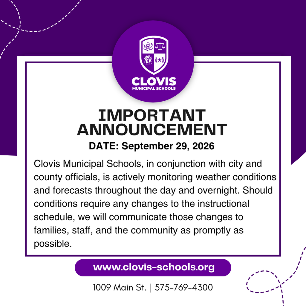 A purple and white announcement displays "IMPORTANT ANNOUNCEMENT" with a logo. Date: September 29, 2026. Text informs of weather monitoring and schedule changes.