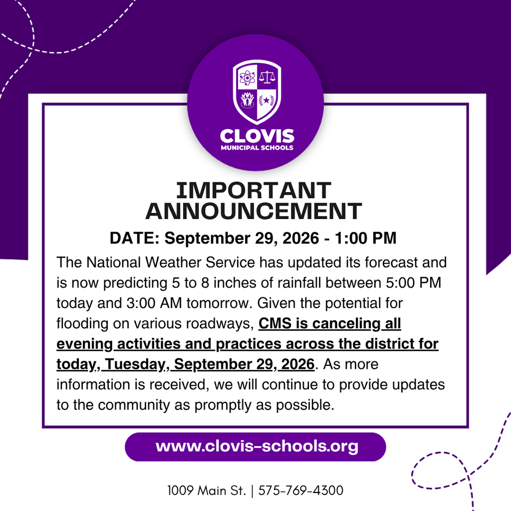 Purple and white announcement about flooding from National Weather Service. It cancels evening activities on September 29, 2026.