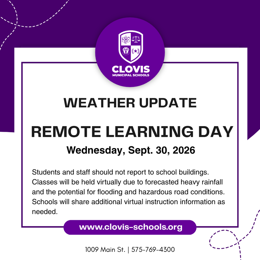 A flyer announces a remote learning day on Sept. 30, 2026, due to heavy rainfall and potential flooding.