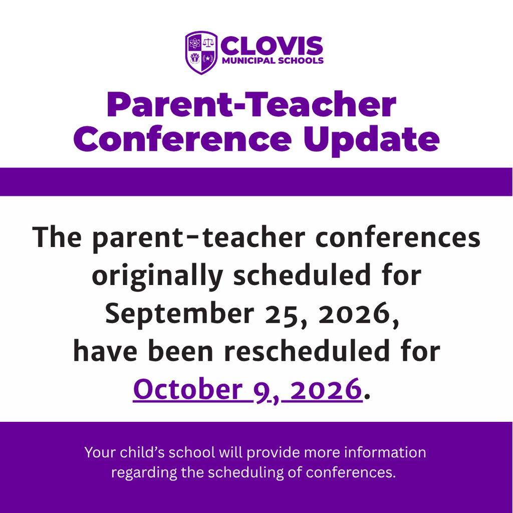 Purple and white poster with text reading "Parent-Teacher Conference Update" and details about the rescheduled date.