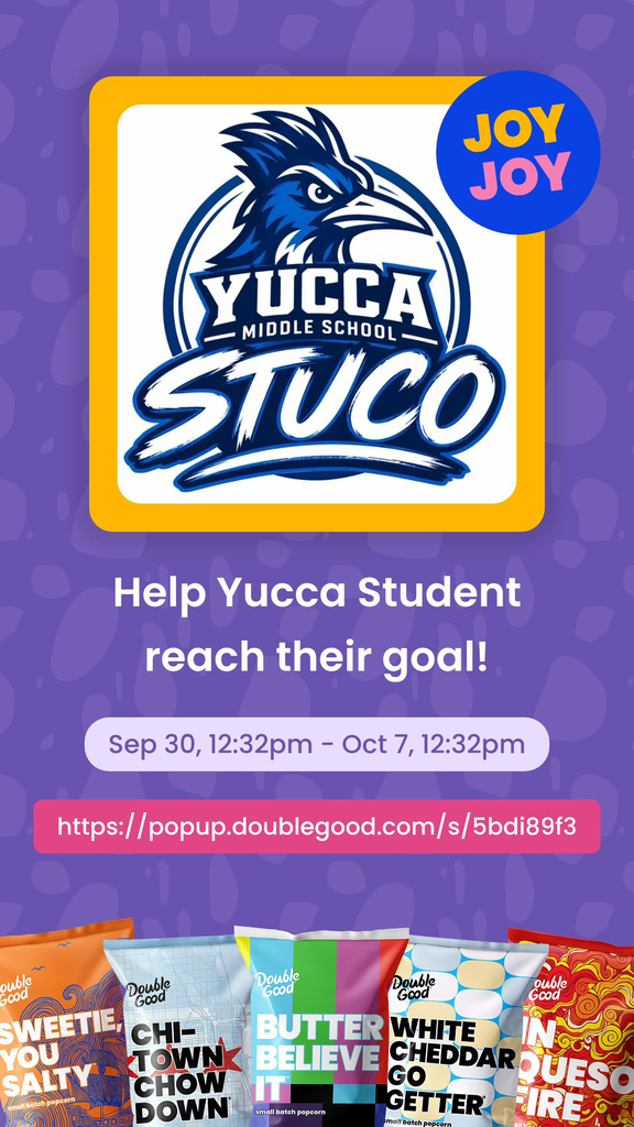 A school advertisement displays a blue logo for Yucca Middle School Stuco. It promotes a fundraiser event. A website link is provided below.
