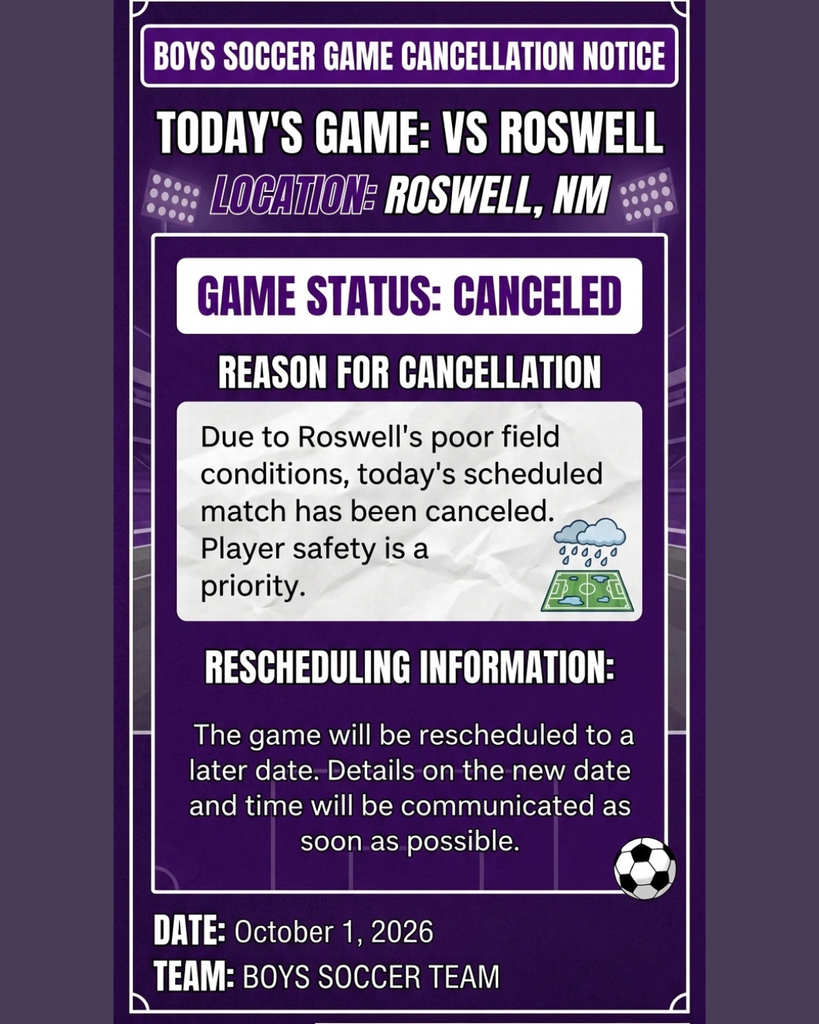 A purple notice displays cancellation of a soccer game between teams, citing poor field conditions. Details for rescheduling are forthcoming.