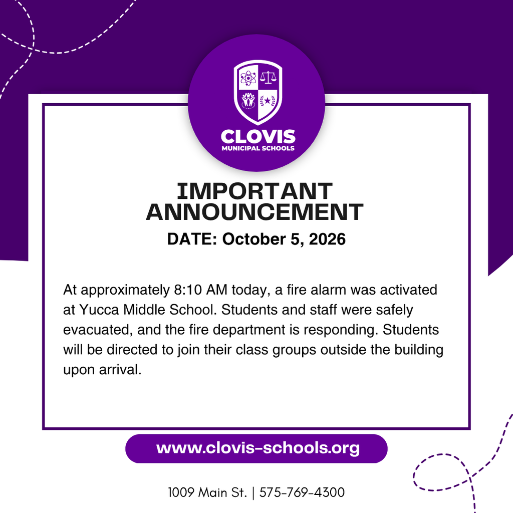 Purple and white graphic with "Clovis" logo. Announcement reads: "Important announcement. Date: October 5, 2026." Text below provides details about a fire alarm activation.