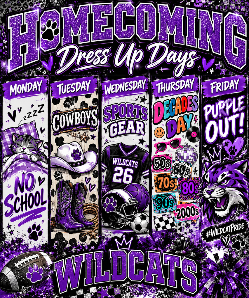 Poster with different dress-up themes for each day of the week. Themes include Cowboys, Sports Gear, Decades Day, and Purple Out.