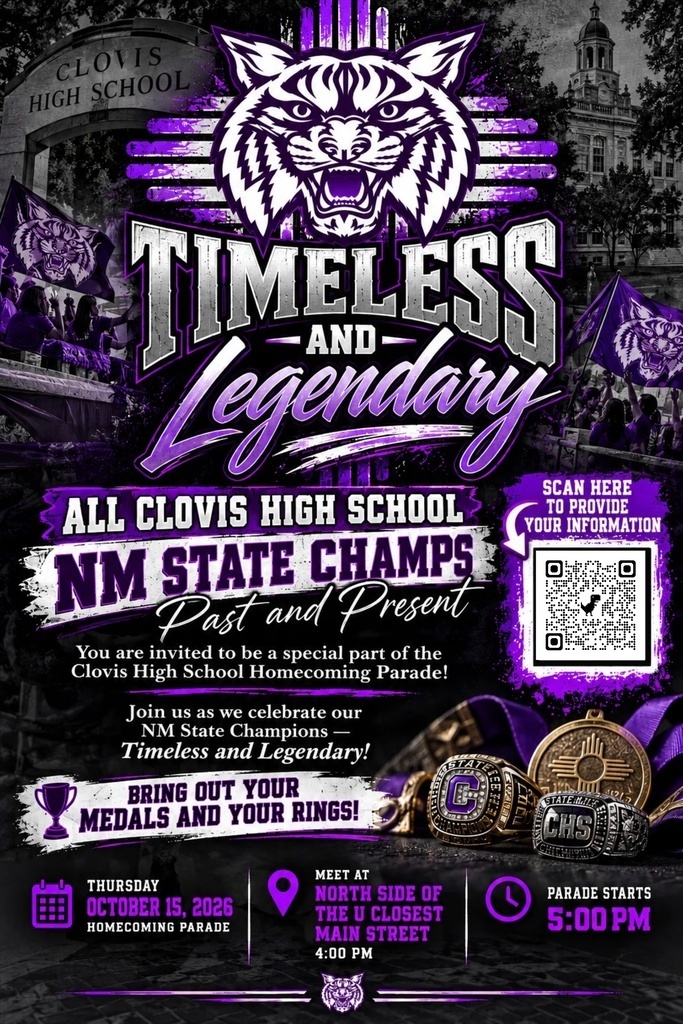 A poster for Clovis High School's Homecoming Parade. It features a purple tiger head, text, and medals. A QR code is available for more information.