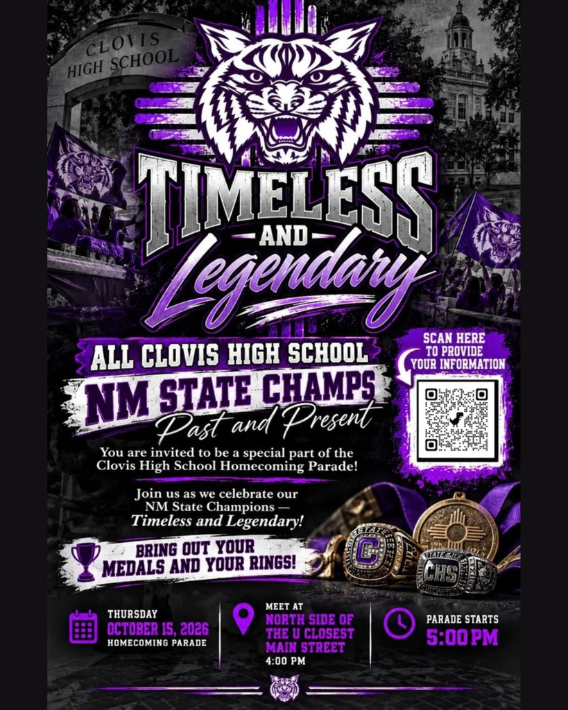 Poster for Clovis High School homecoming parade with a tiger logo. Features a QR code, schedule, and event details.